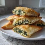 A stack of golden, flaky Mediterranean Spinach and Feta Cheese Crisps, cut open to show the filling.