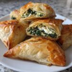 A stack of golden brown Mediterranean Spinach and Feta Cheese Crisps on a white plate.