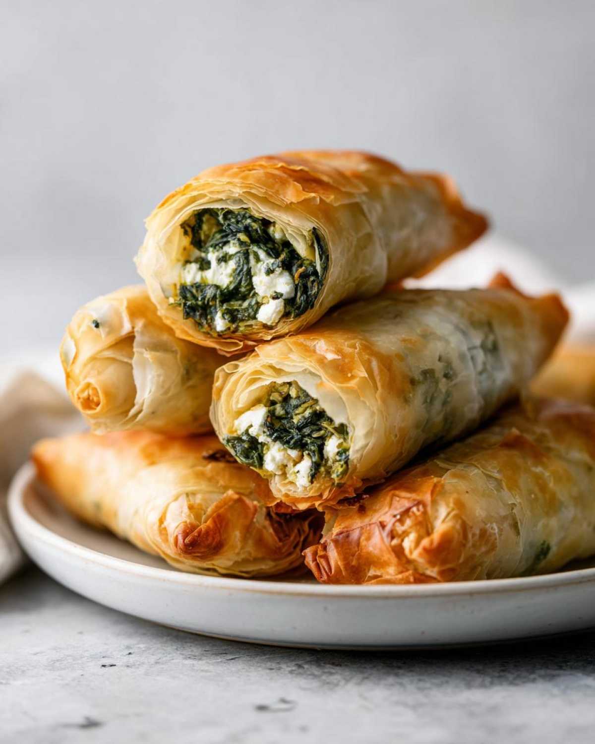 Stack of golden, crispy Mediterranean Spinach and Feta Cheese Crisps, showing the spinach and feta filling inside.