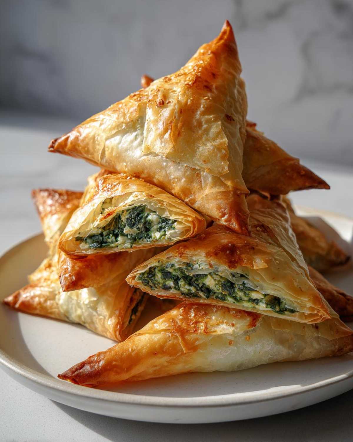 Stack of golden brown Mediterranean Spinach and Feta Cheese Crisps with a flaky phyllo crust, one cut open showing the filling.