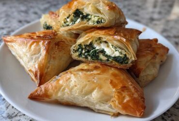 A stack of golden brown Mediterranean Spinach and Feta Cheese Crisps on a white plate.