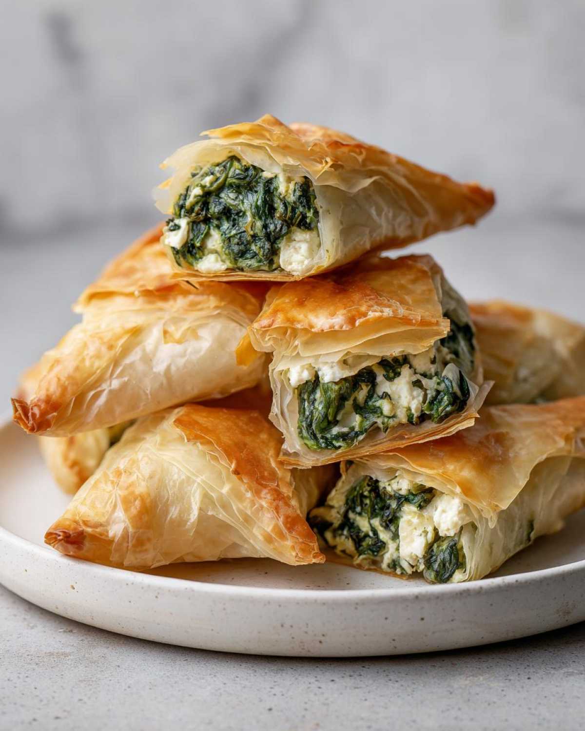 A stack of golden, flaky Mediterranean Spinach and Feta Cheese Crisps, cut open to show the rich spinach and feta filling.