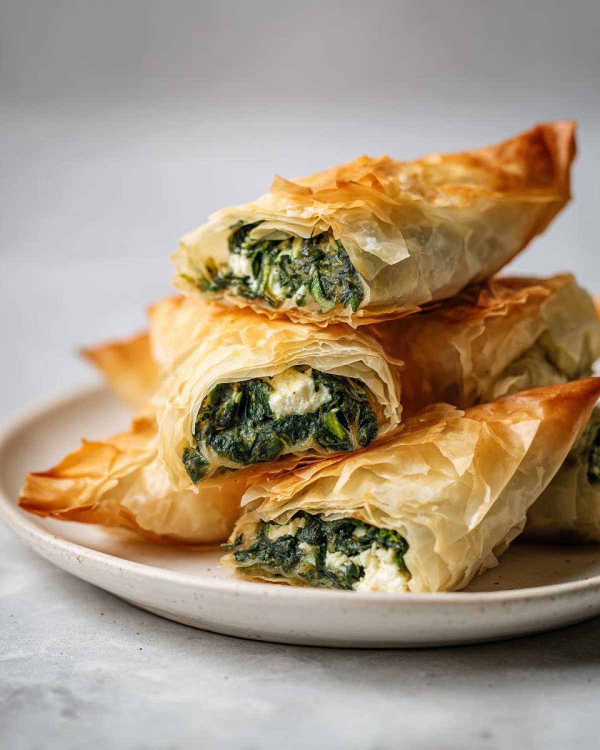 Close-up of stacked, flaky Mediterranean Spinach and Feta Cheese Crisps cut in half showing the filling.