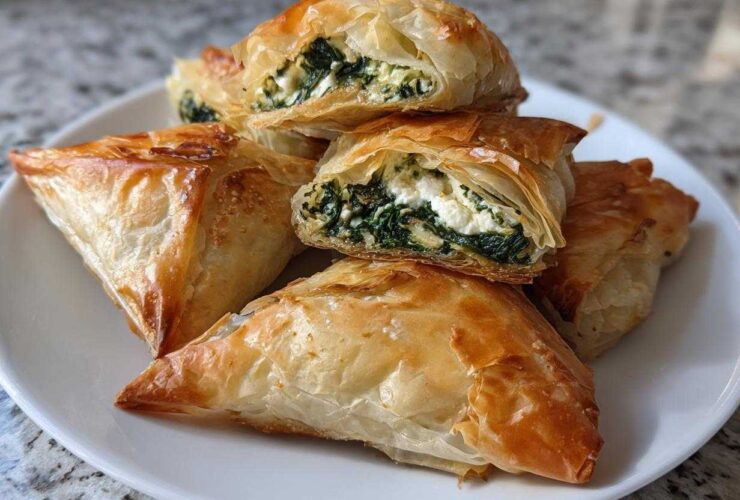 A stack of golden brown Mediterranean Spinach and Feta Cheese Crisps on a white plate.