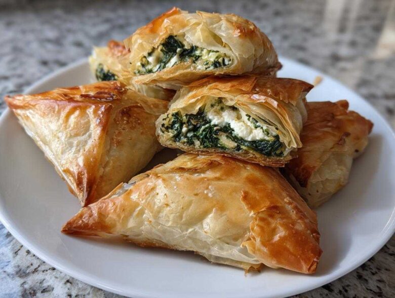 A stack of golden brown Mediterranean Spinach and Feta Cheese Crisps on a white plate.