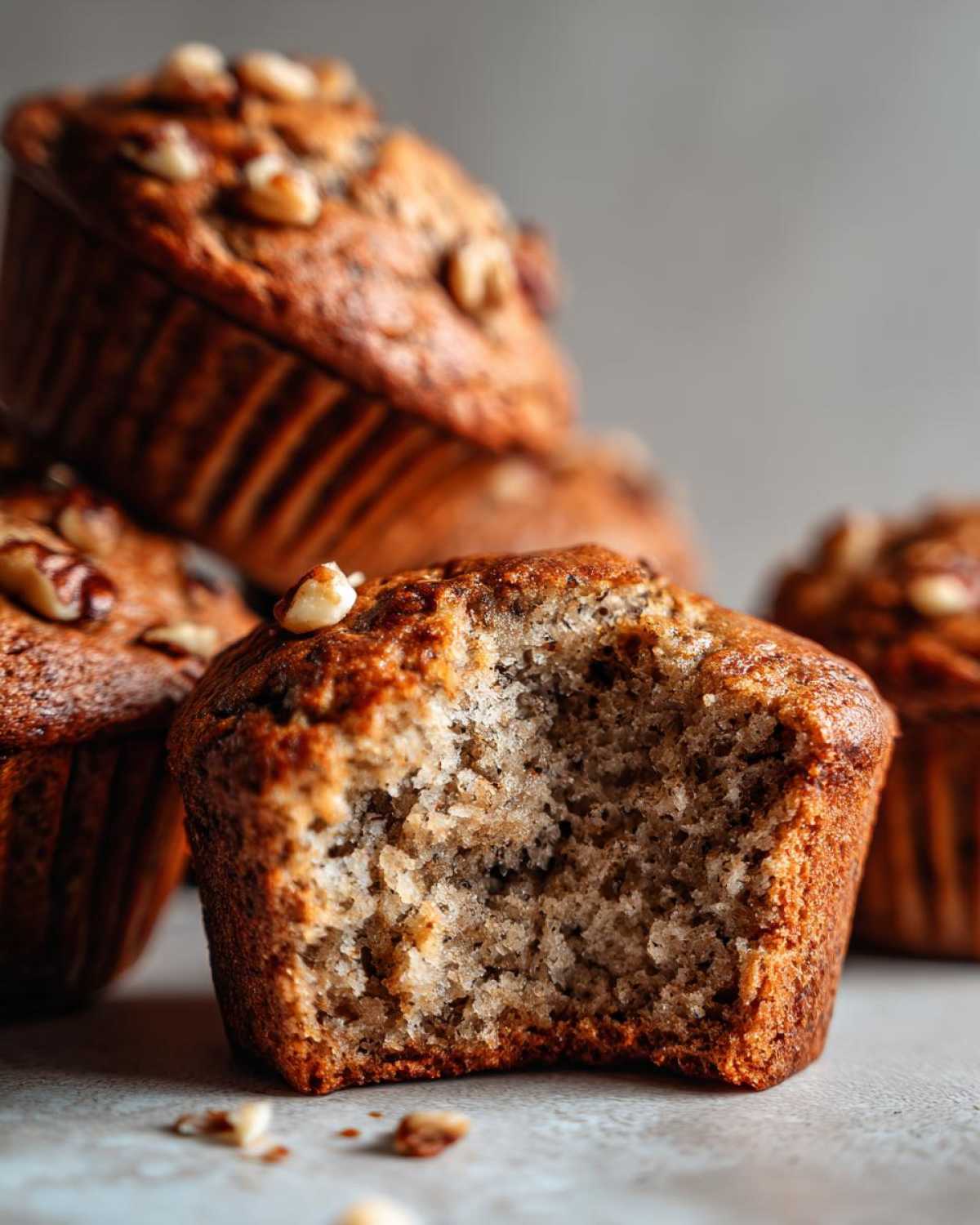 Close-up of a moist banana nut muffins with a bite taken out, showing the texture and walnuts on top.