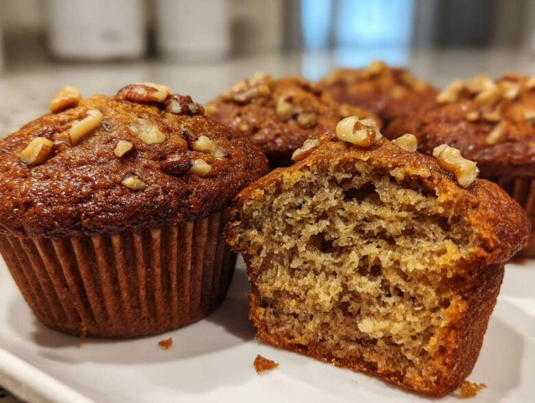 Close-up of moist banana nut muffins, one cut open showing the texture, topped with walnuts.