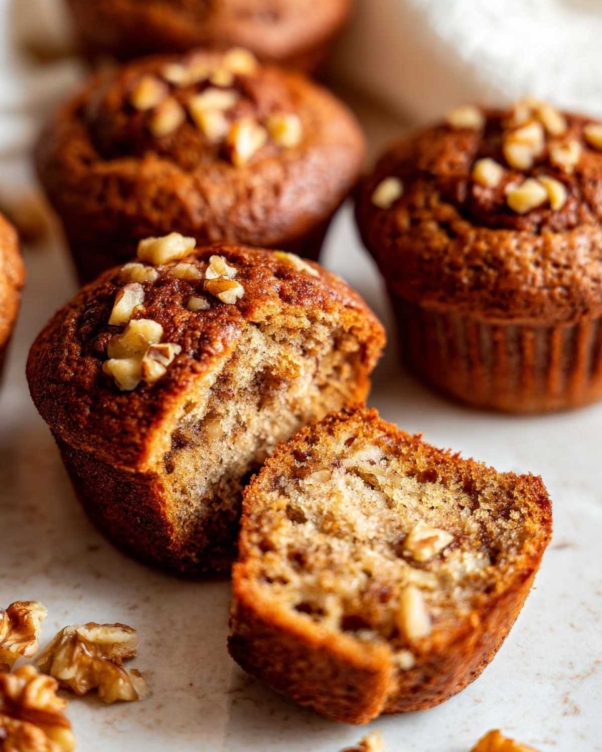 Close-up of a banana nut muffin broken in half showing the moist interior and walnuts, with more muffins in the background.