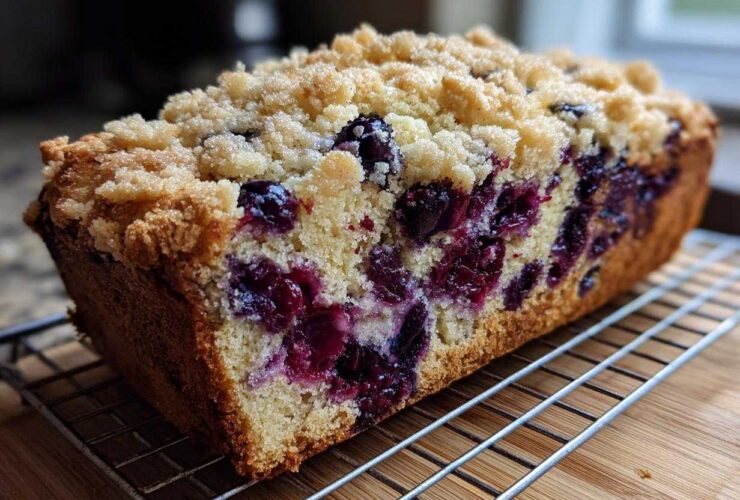 A loaf of moist blueberry banana bread featuring a crumb topping and bursting with blueberries.