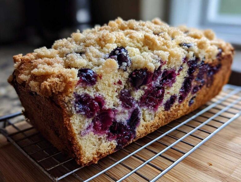 A loaf of moist blueberry banana bread featuring a crumb topping and bursting with blueberries.