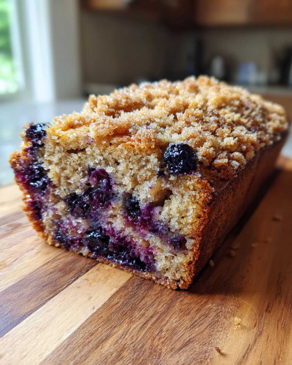 Close-up of a loaf of moist blueberry banana bread featuring a generous crumb topping.