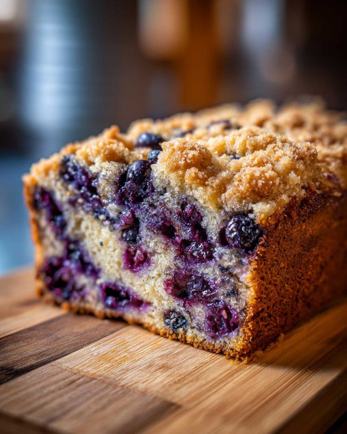 Close-up of a slice of moist blueberry banana bread featuring a generous amount of blueberries and a golden crumb topping.