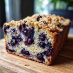 Close-up of a moist slice of blueberry banana bread topped with a crunchy streusel topping.