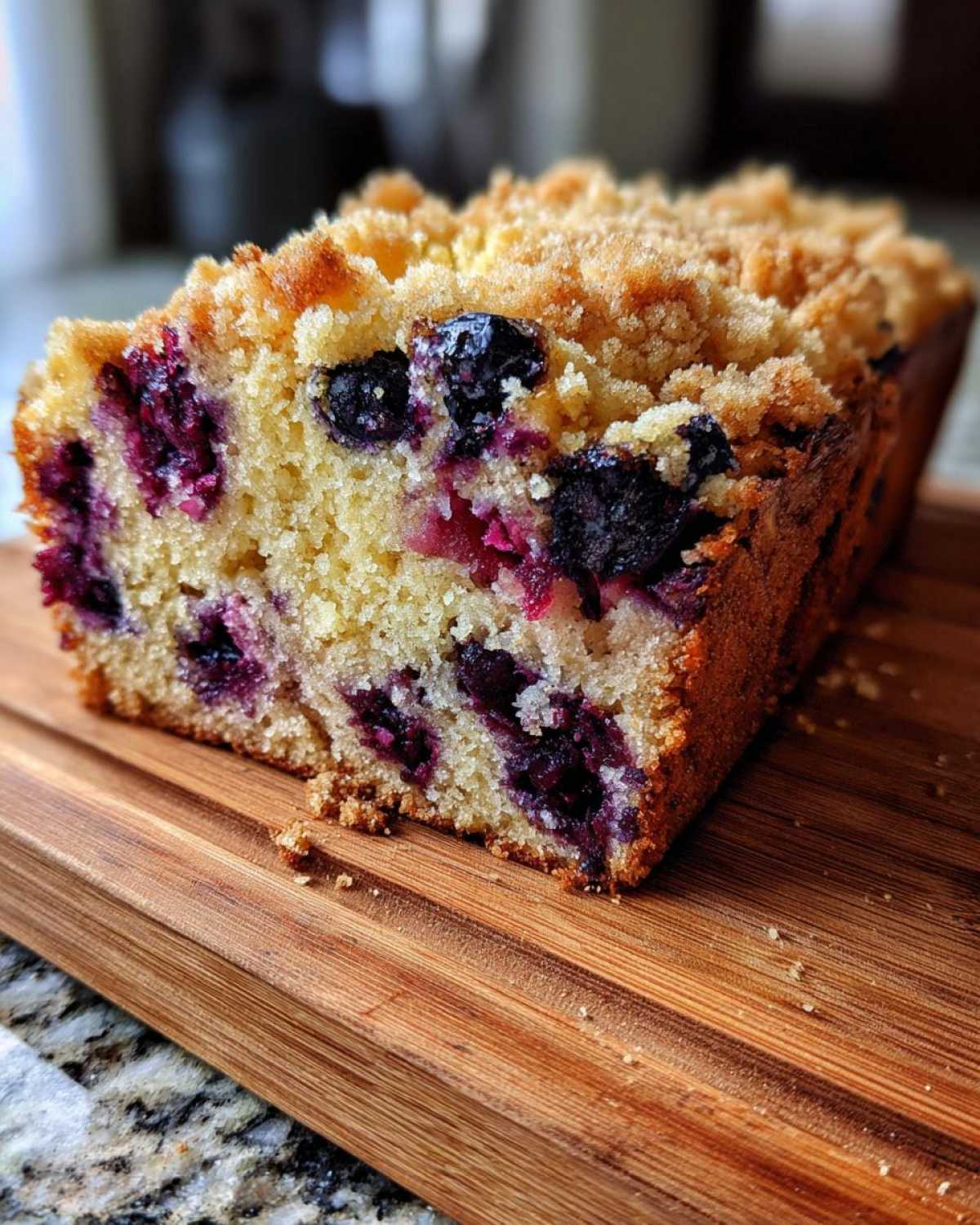 Close-up of a slice of moist blueberry banana bread topped with golden streusel.