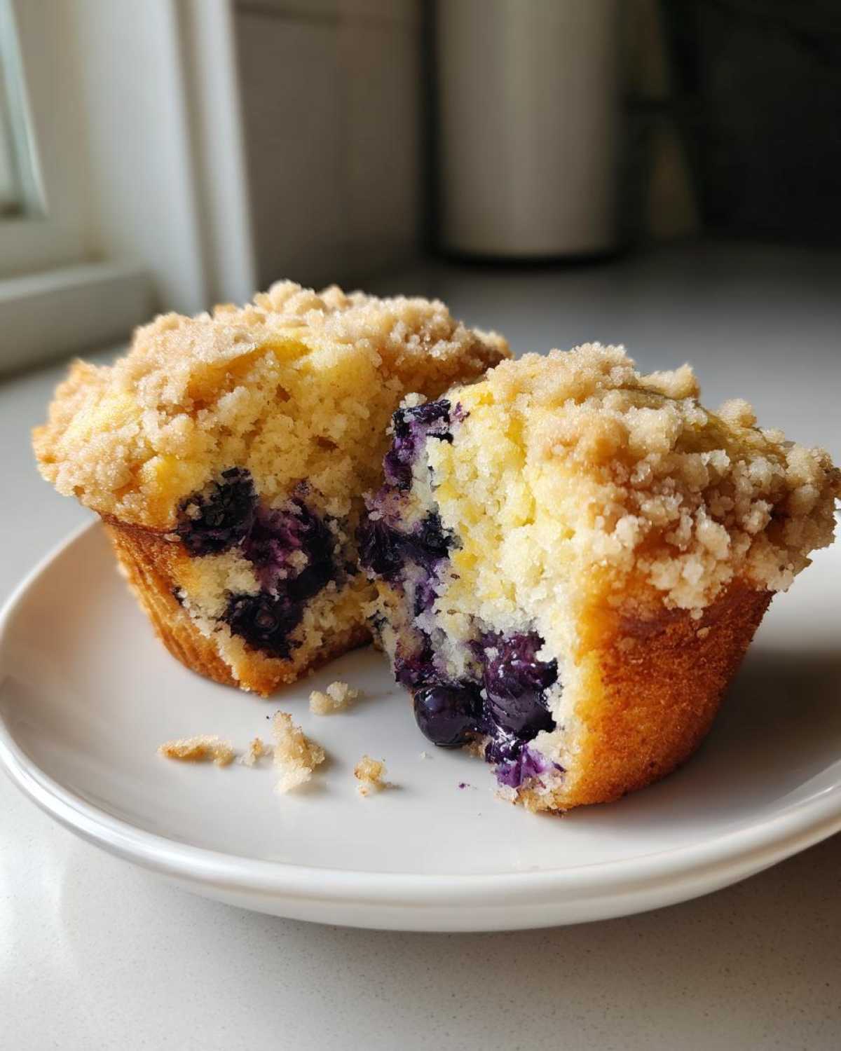 A homemade blueberry muffin, cut in half to show the moist interior packed with blueberries and a crumbly streusel topping.