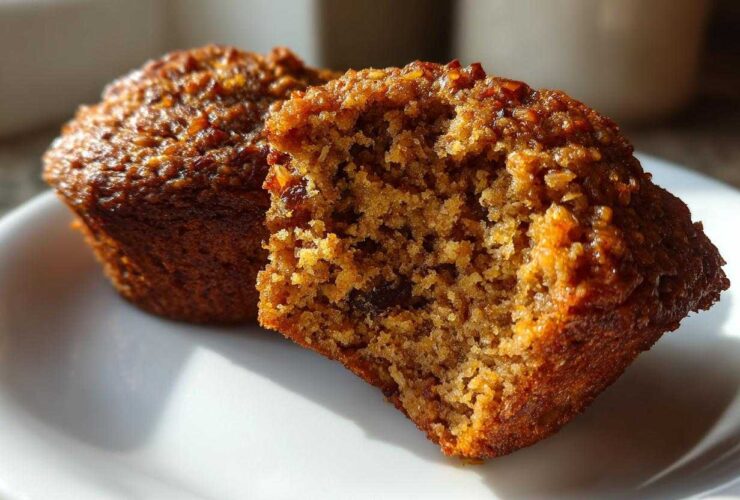 Close-up of a bran muffin cut in half showing its moist, textured interior and raisins.