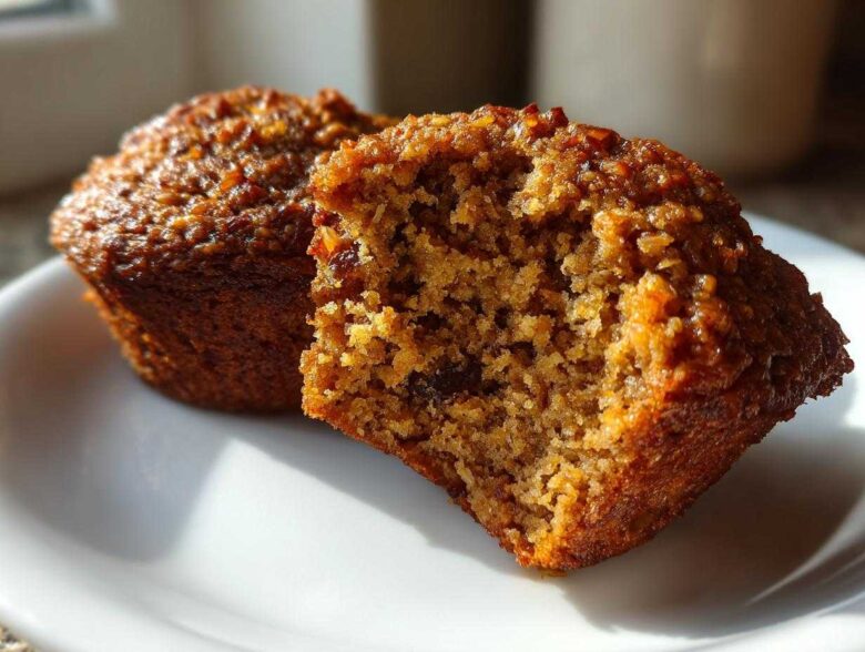 Close-up of a bran muffin cut in half showing its moist, textured interior and raisins.