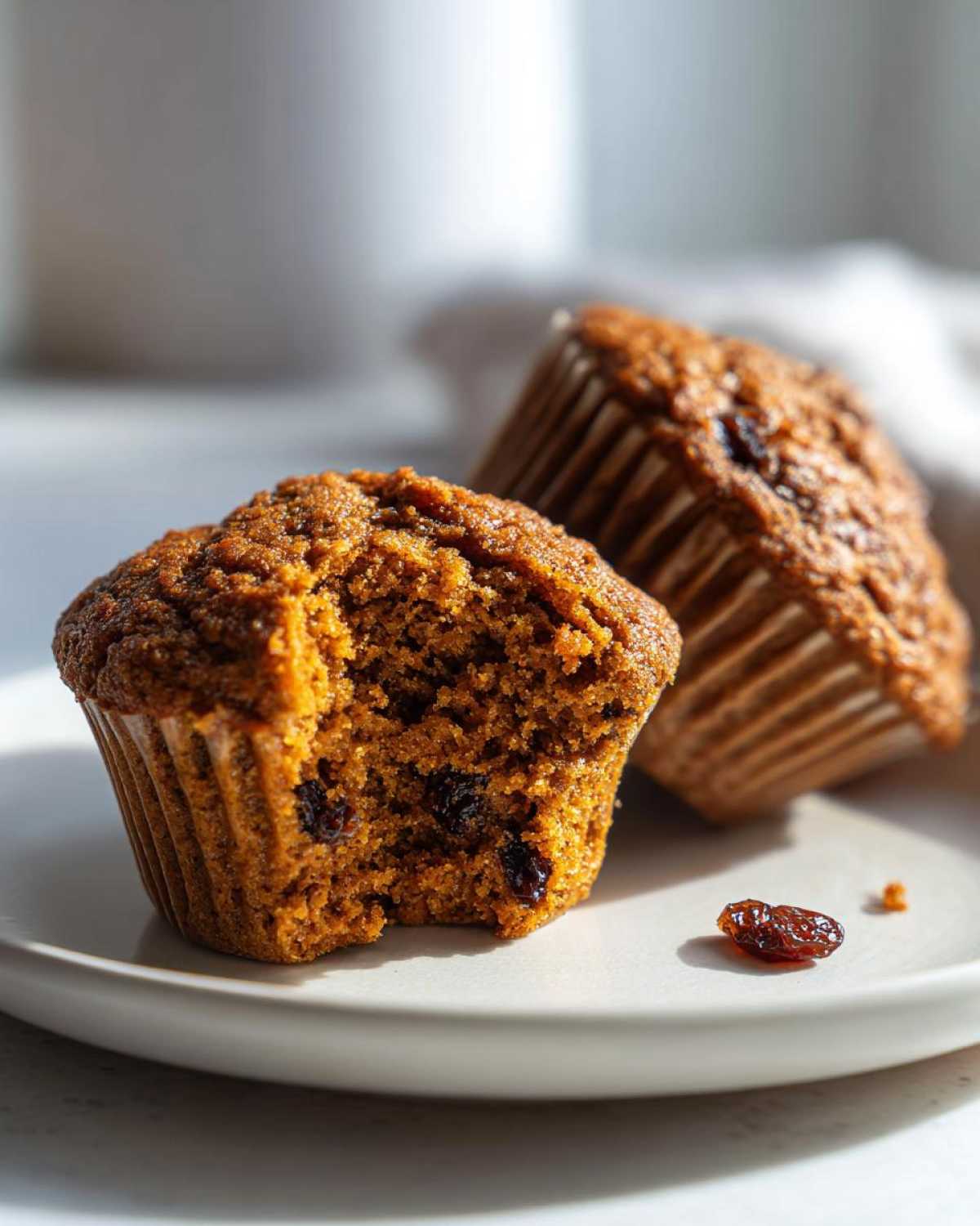 A close-up of a bran muffin with a bite taken out, revealing a moist interior with raisins, next to another whole bran muffin.