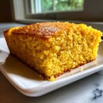 A close-up of a golden, moist slice of buttermilk cornbread served on a white plate.