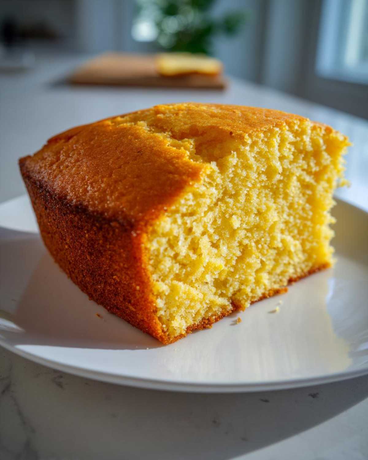 A close-up of a thick, golden slice of moist buttermilk cornbread sitting on a white plate.