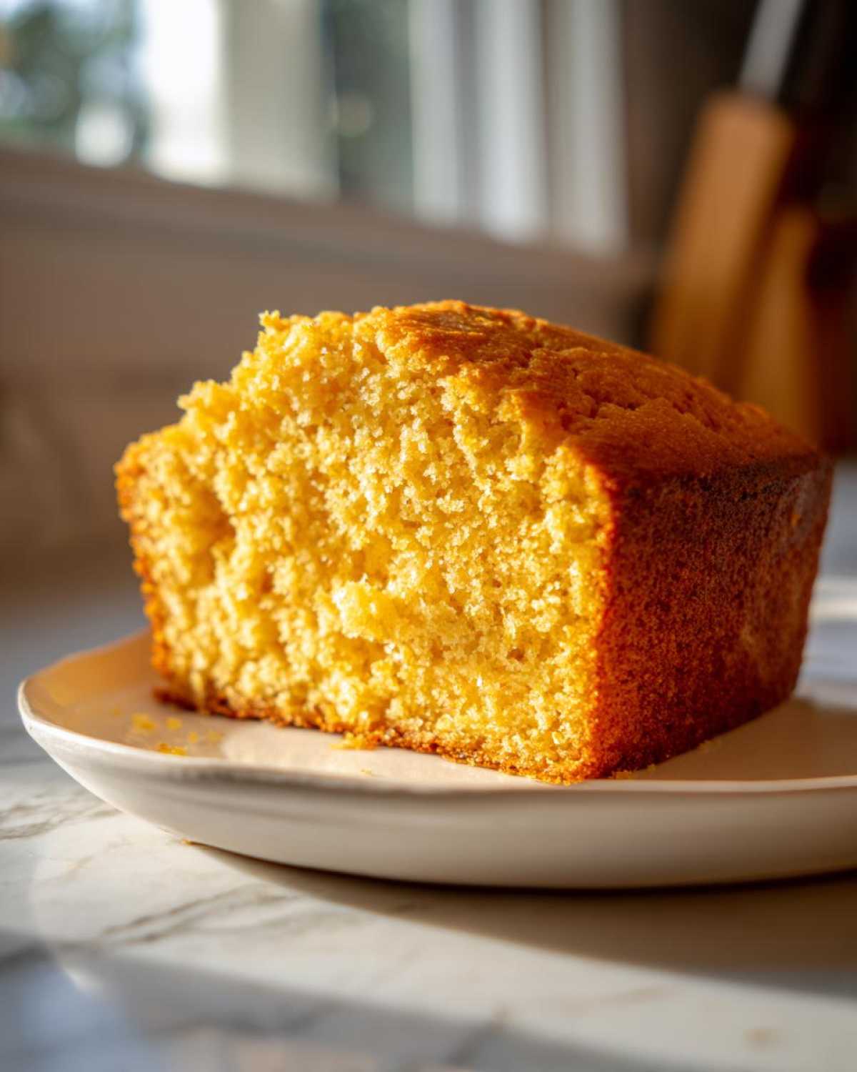 A thick, golden slice of moist buttermilk cornbread sitting on a small white plate.