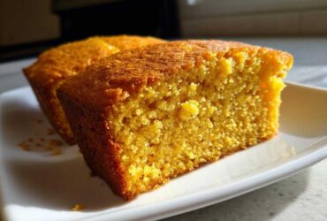 Close-up of a golden, moist slice of buttermilk cornbread showing its crumb texture on a white plate.