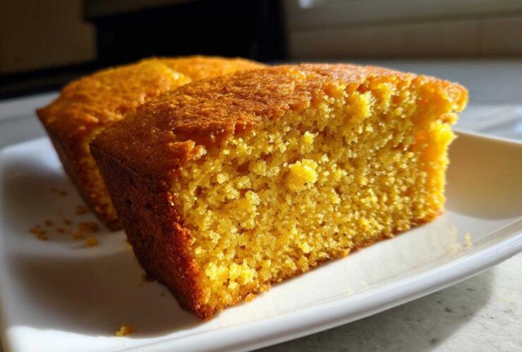Close-up of a golden, moist slice of buttermilk cornbread showing its crumb texture on a white plate.