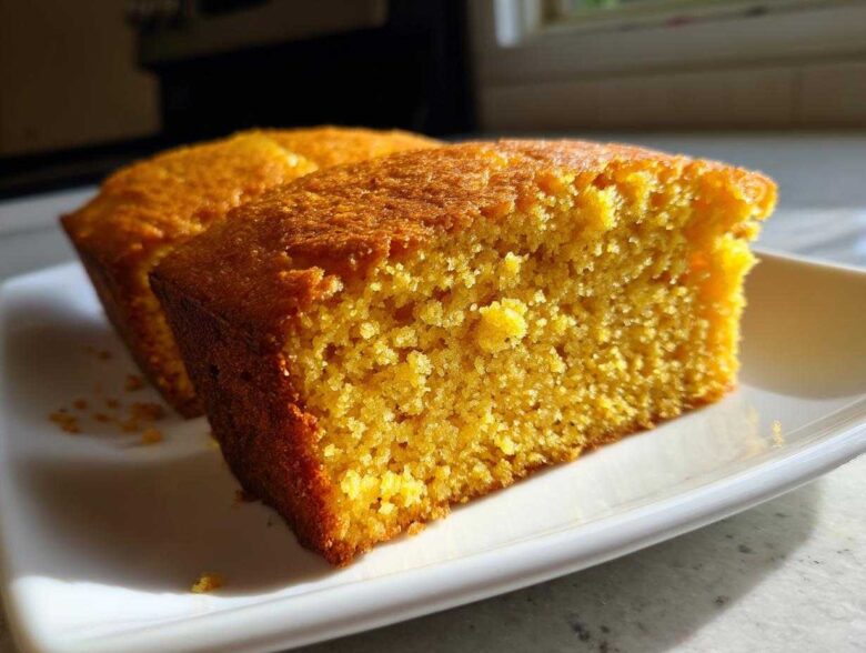 Close-up of a golden, moist slice of buttermilk cornbread showing its crumb texture on a white plate.