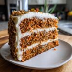 Close-up of a thick, moist slice of carrot cake recipe showing three layers and cream cheese frosting.