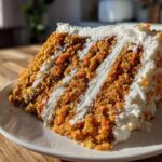 A thick slice of moist carrot cake recipe showing layers of orange cake and white cream cheese frosting.