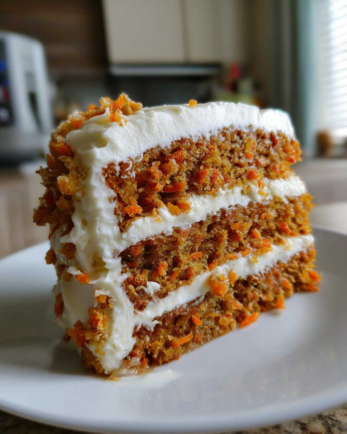Close-up of a moist slice of carrot cake recipe showing two layers of spiced cake and thick cream cheese frosting.
