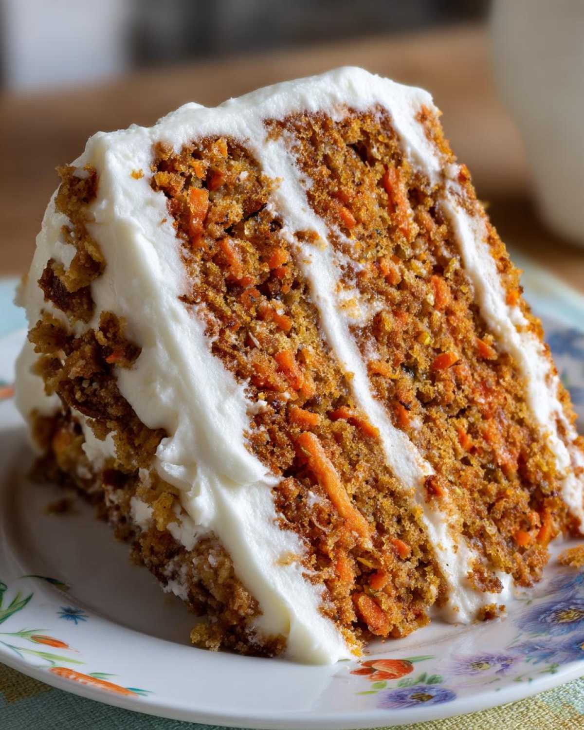 Close-up of a thick slice of moist carrot cake recipe layered with rich cream cheese frosting.