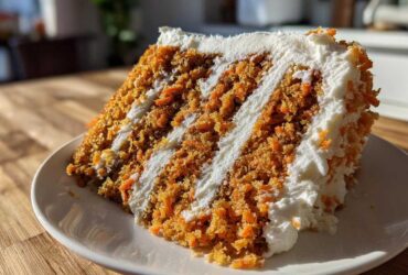 A thick slice of moist carrot cake recipe showing layers of orange cake and white cream cheese frosting.