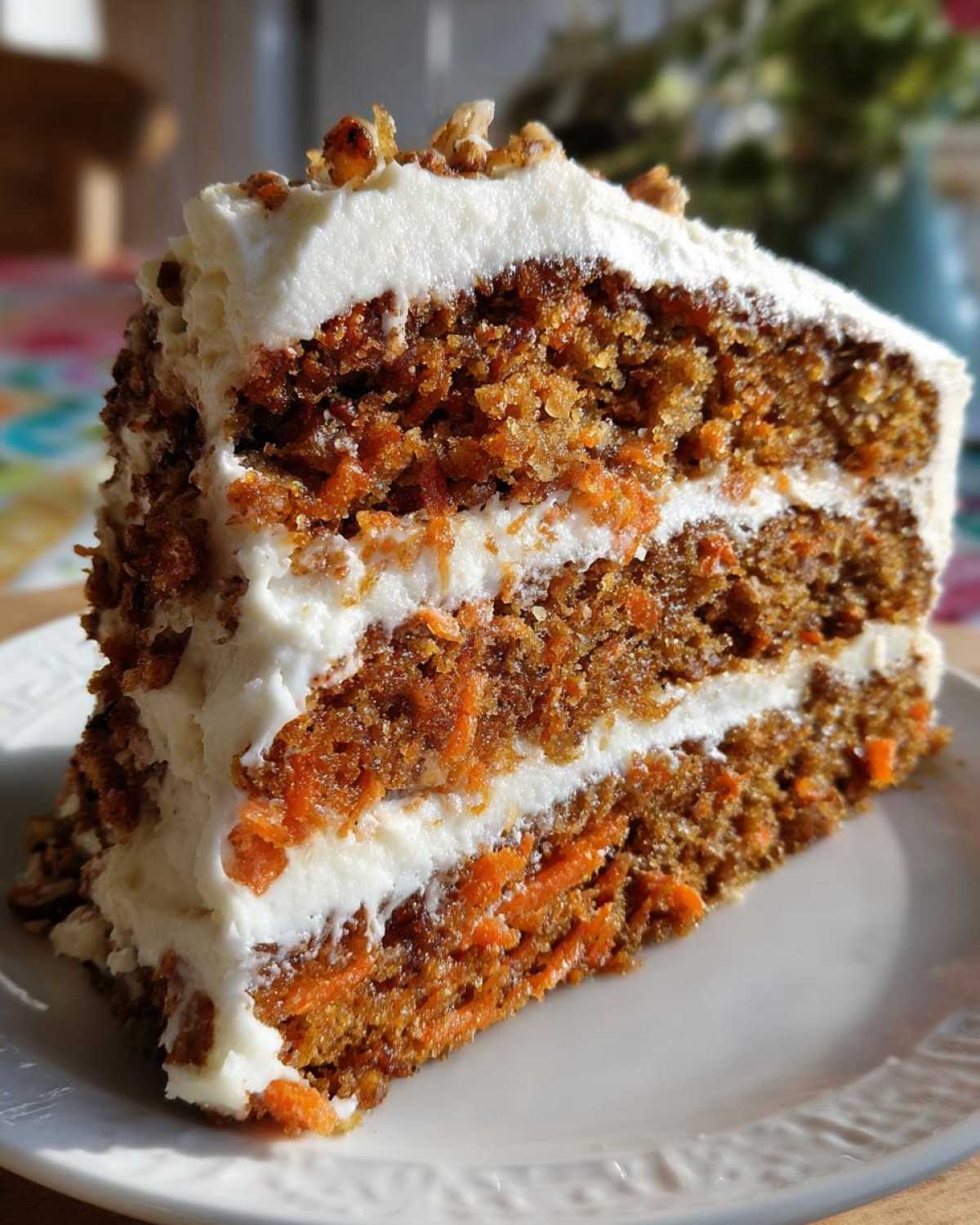 Close-up of a moist slice of carrot cake recipe with three layers, cream cheese frosting, and chopped walnuts on top.