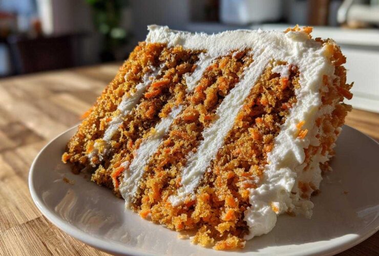 A thick slice of moist carrot cake recipe showing layers of orange cake and white cream cheese frosting.