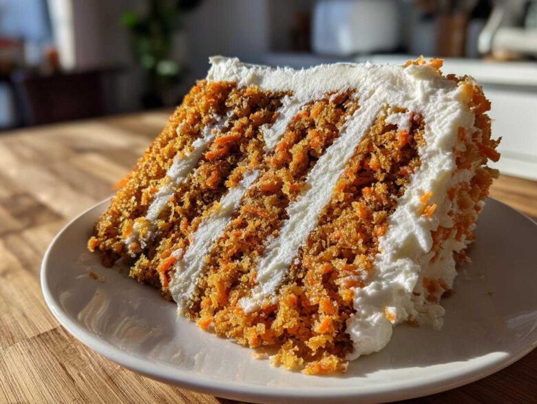A thick slice of moist carrot cake recipe showing layers of orange cake and white cream cheese frosting.