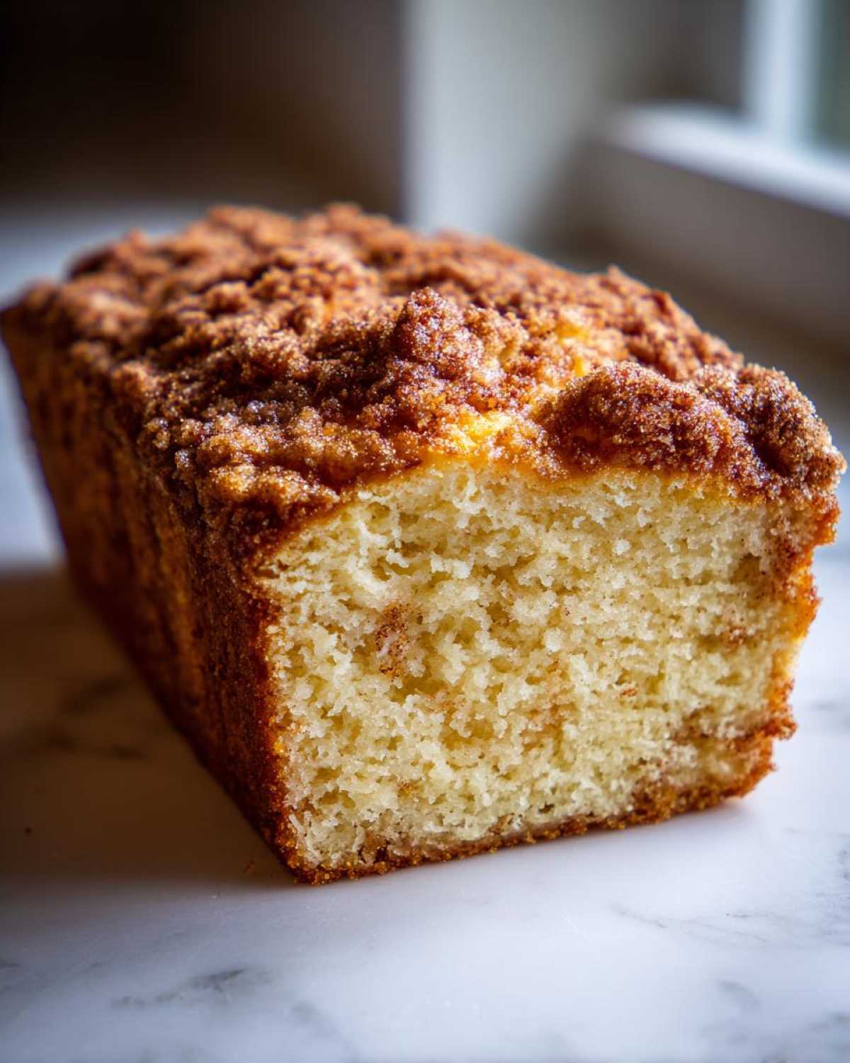 Close-up of a freshly baked coffee cake loaf showing the moist interior and thick cinnamon streusel topping.