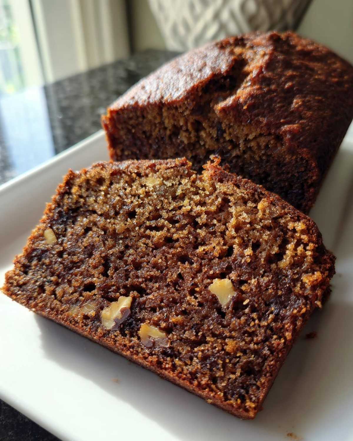 Close-up of a moist slice of dark brown date nut bread showing visible walnut pieces.