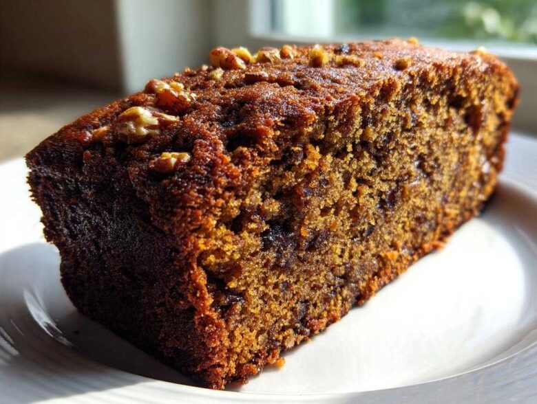 Close-up of a moist slice of dark, rich date nut bread topped with chopped walnuts, sitting on a white plate.