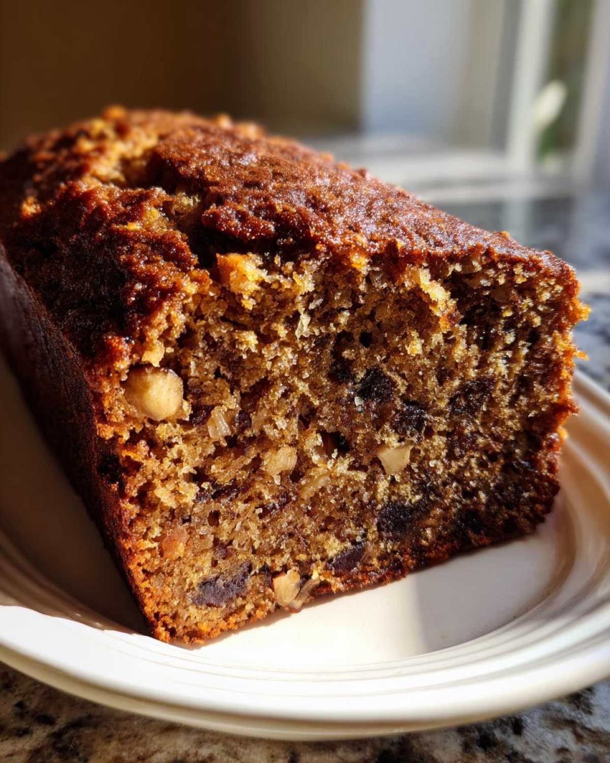 Close-up of a moist slice of dark brown date nut bread showing visible pieces of dates and walnuts.