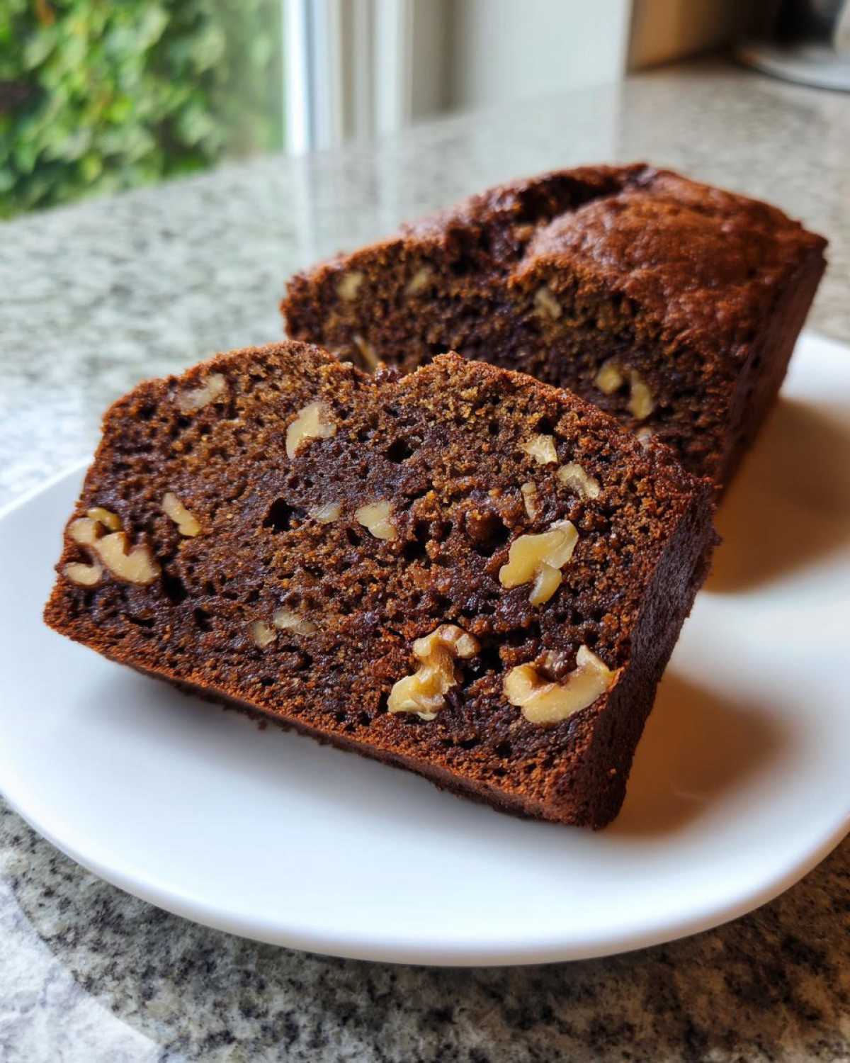 Close-up of a moist slice of dark date nut bread studded with visible walnuts, resting on a white plate.
