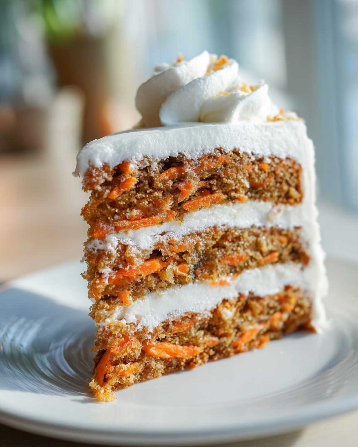A tall, moist slice of layered carrot cake with thick cream cheese frosting, ready to eat.