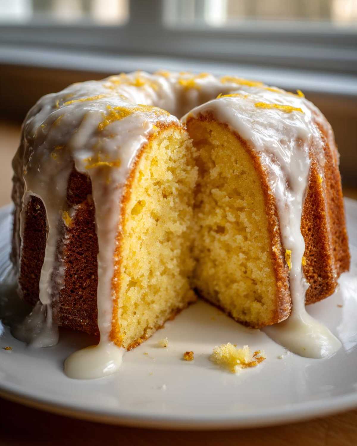 Close-up of a moist lemon pound cake, drizzled with white glaze and topped with zest, with one slice cut out.