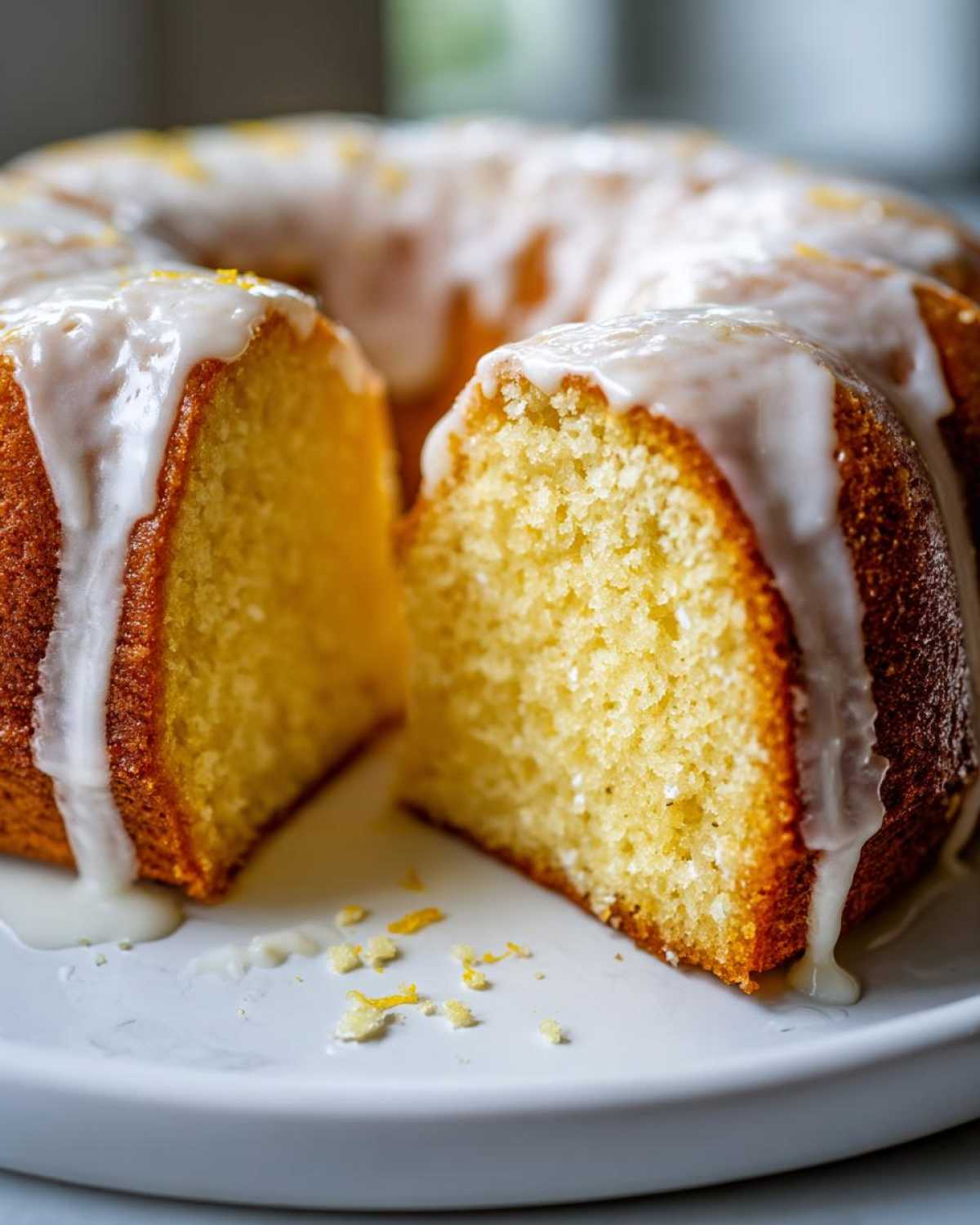 A slice cut from a bundt-style lemon pound cake, showing the moist crumb and thick white glaze dripping down the side.