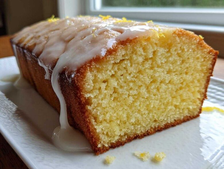 Close-up of a slice of moist lemon pound cake topped with thick white glaze and lemon zest.