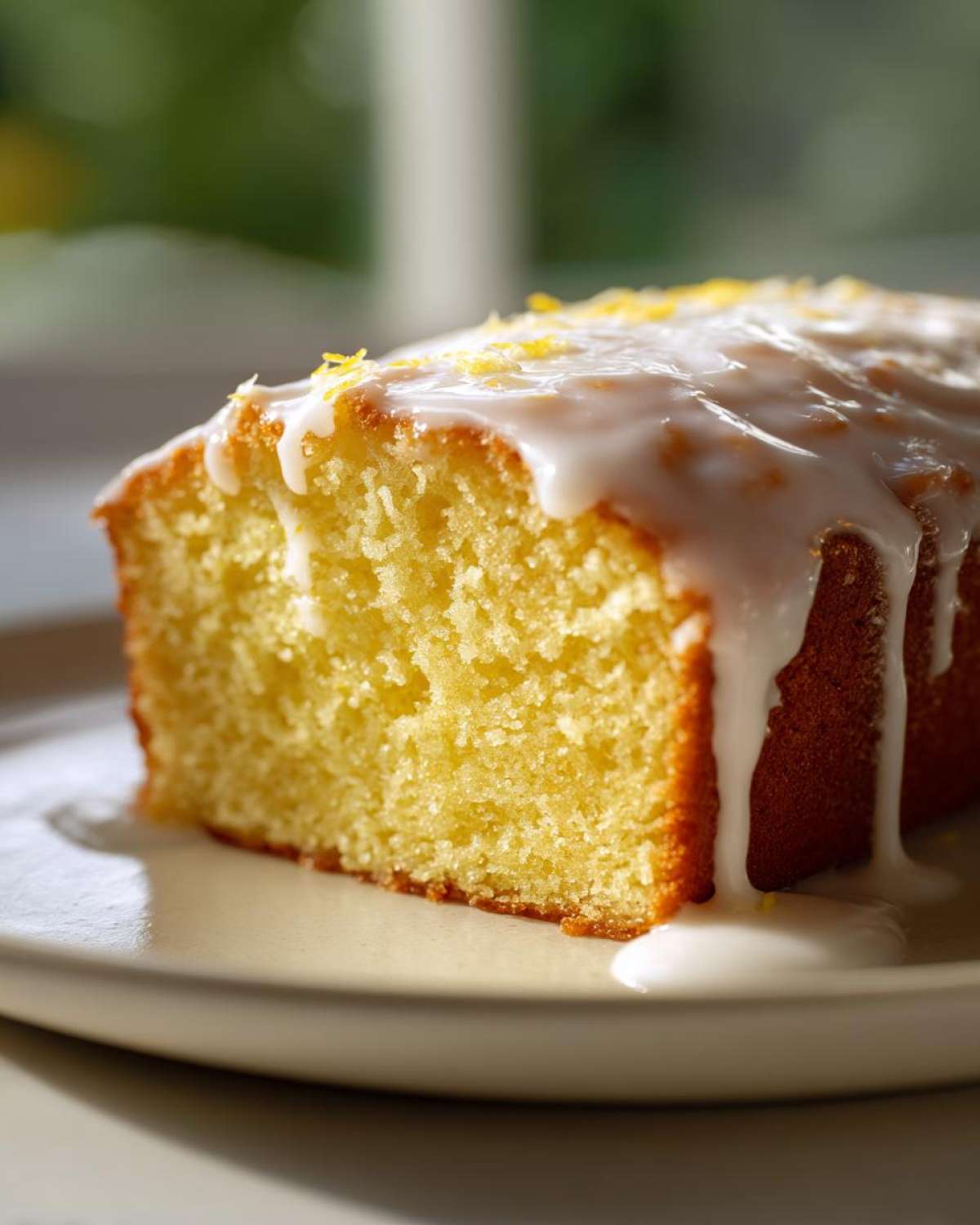 Close-up of a moist slice of lemon pound cake topped with dripping white glaze and lemon zest.