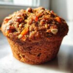 A close-up, sunlit shot of a single, perfectly baked morning glory muffin showing visible carrots and nuts on top.