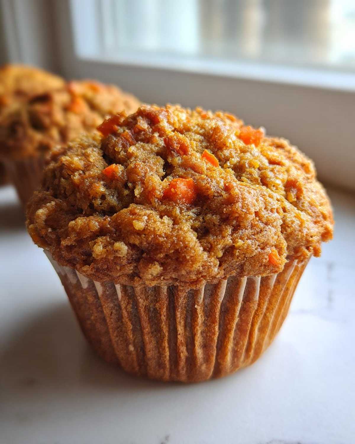 Close-up of a freshly baked, moist morning glory muffin with visible shredded carrots on top.