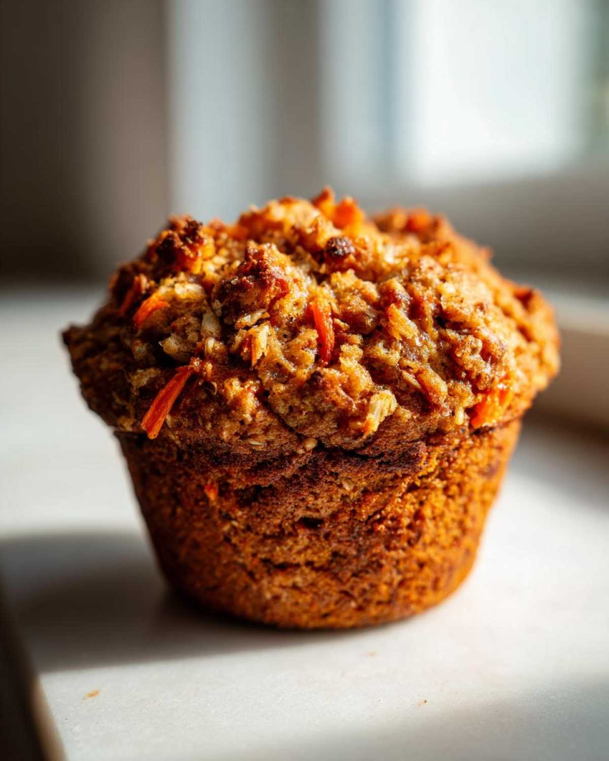 A close-up, sunlit photo of a single, richly browned morning glory muffin with a textured, crumbly top.