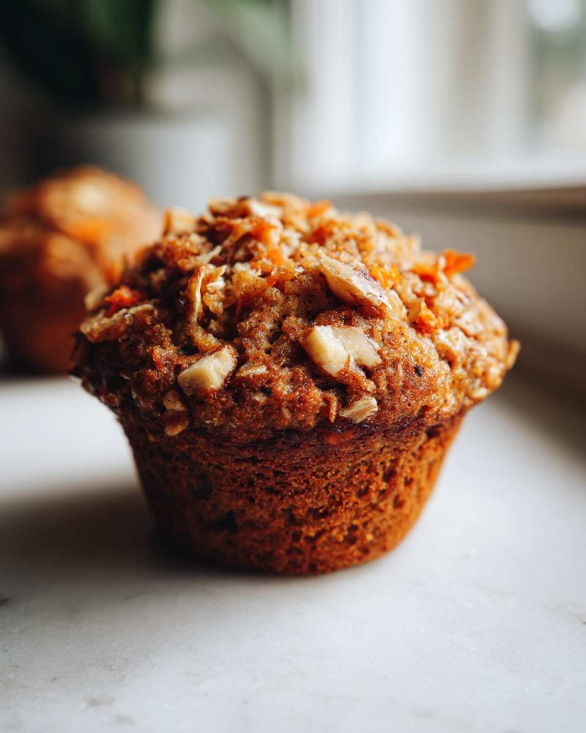 A close-up, low-angle shot of one perfectly baked morning glory muffin topped with nuts and shredded carrots.